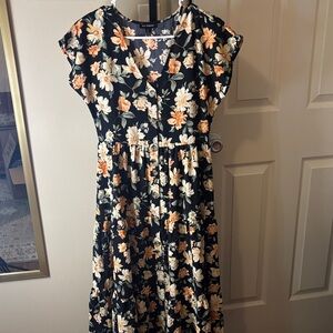 Blu Pepper Floral Midi Dress in Black with Orange and Cream